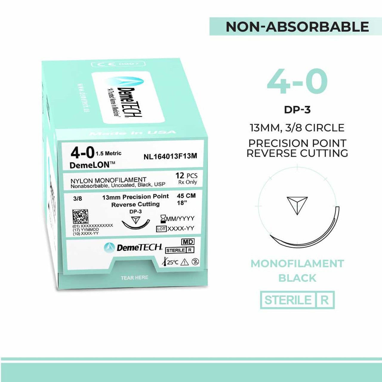 Nylon Monofilament, 4-0, 18", DP-3 Non-Absorbable Suture, Precision Point Reverse Cutting, Black 12/Box