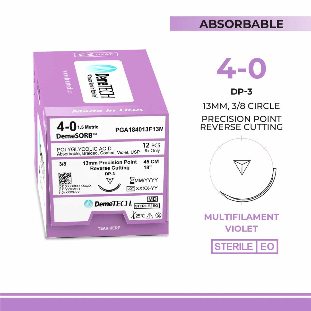 Polyglycolic Acid (PGA), 4-0, 18", DP-3 Synthetic Absorbable Suture, Precision Point Reverse Cutting, Violet 12/Box