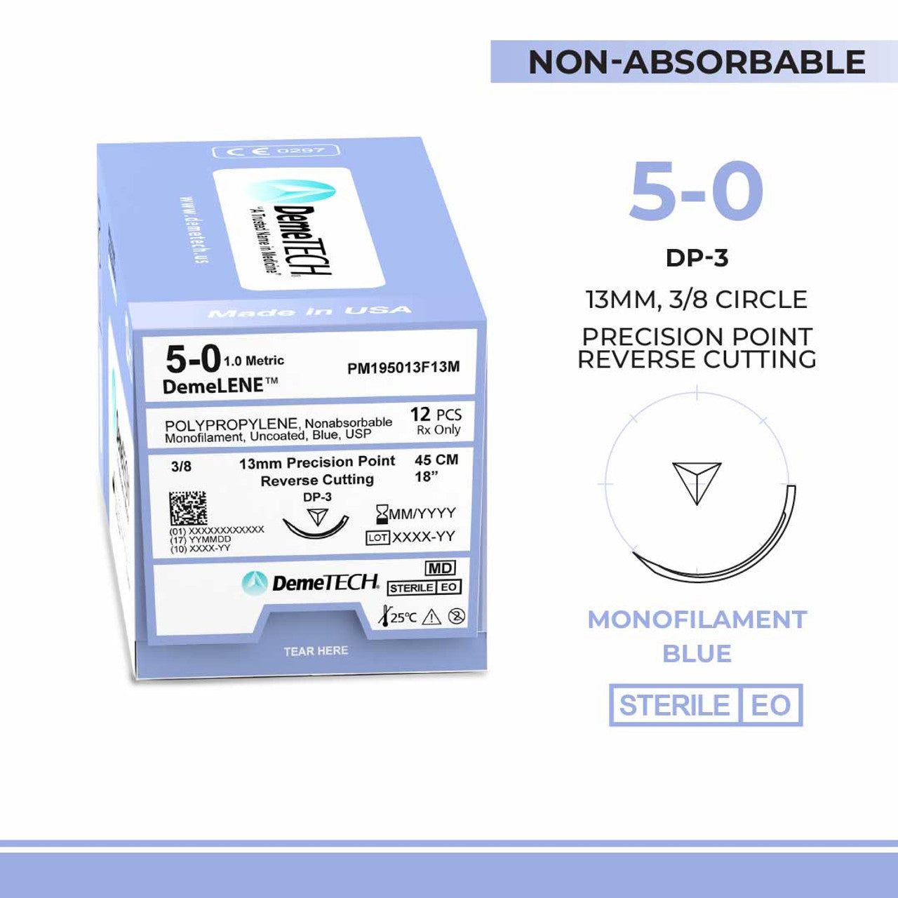 Polypropylene, 5-0, 18", DP-3 Non-Absorbable Suture, Precision Cosmetic Standard Prime, Blue 12/Box