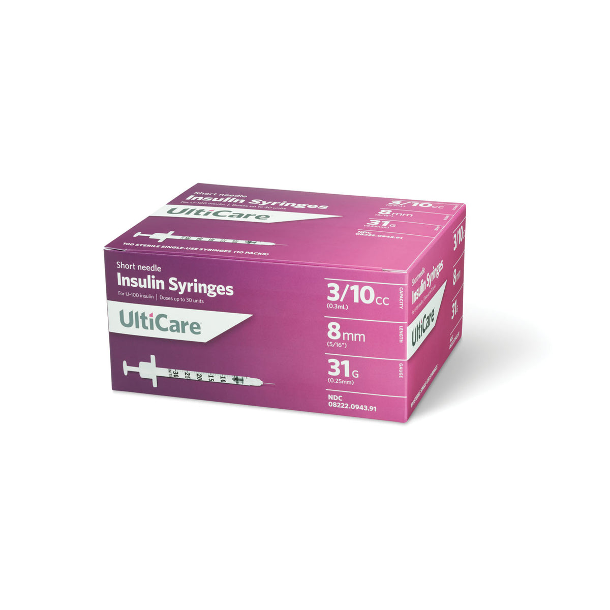 Insulin Syringe, 3/10cc, 31G x 5/16", 100/bx